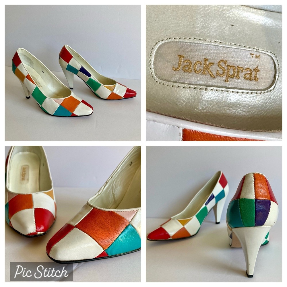 Vtg Jack Sprat Rainbow Harlequin Mod Patchwork Pumps Leather Size 6B Colorblock